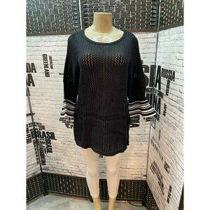 Jessica London 14/16 Black Open Knit Crew Neck 3/4 Striped Bell Sleeve Sweater